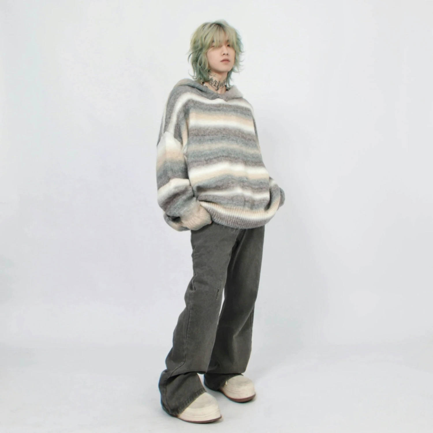 Oversized Pastel Striped Ribbed Hem Hoodie Sweater 6 Oversized Pastel Striped Ribbed Hem Hoodie Sweater - Image 6
