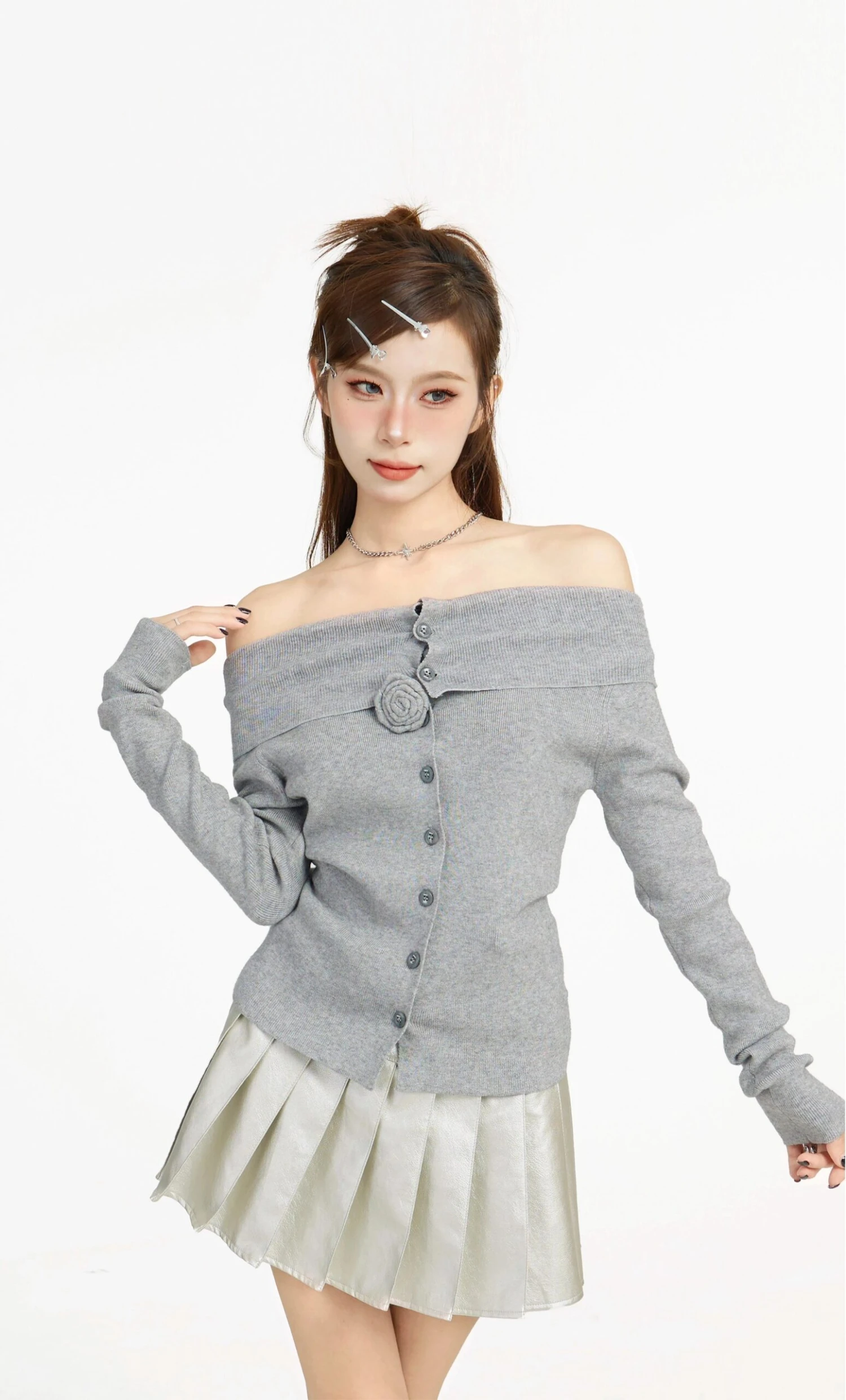 Off Shoulder Long Sleeve Button Top With Flower Applique 2 Off Shoulder Long Sleeve Button Top With Flower Applique - Image 2