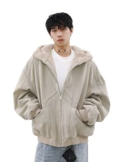 Sherpa-lined Hooded Suede Bomber Jacket -Modern Wear Shop 9e0bde19a4f0cc3f9fb2659c755e02f2