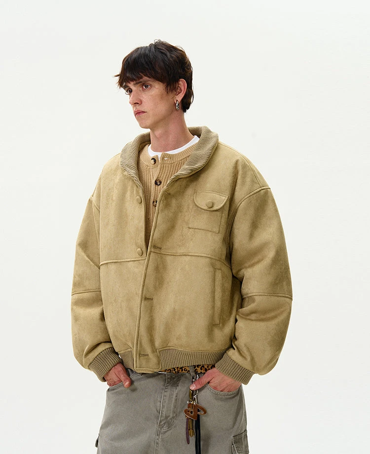 Oversized Suede Bomber Jacket With Button Pocket 9 Oversized Suede Bomber Jacket With Button Pocket - Image 9