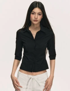 Skinny Button-Up Collared Shirt With Cropped Sleeves -Modern Wear Shop 9e4b14c540f6891d300936e6e2360571