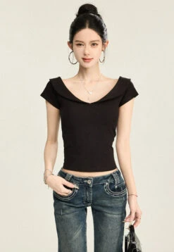 Off Shoulder Folded Collar Short Sleeve Top -Modern Wear Shop 9e665a7e19850e47f6fd949b452e8573