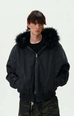 Contrast Stitch Oversized Faux Fur Hooded Bomber Jacket -Modern Wear Shop 9f23b7cf88b9ee228d25a2160220a1a3