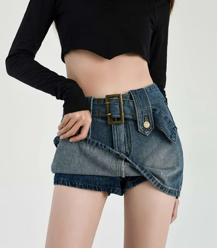 Faded Denim Skort Mini Skirt With Belt 3 Faded Denim Skort Mini Skirt With Belt - Image 3