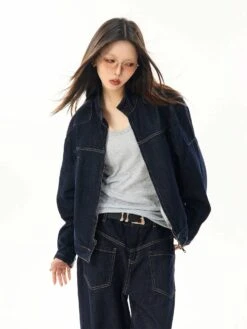 Oversized Contrast Stitch Denim Zip Jacket 23 Oversized Contrast Stitch Denim Zip Jacket -Modern Wear Shop 9fe858380dd72b2674f7ccb224918e63