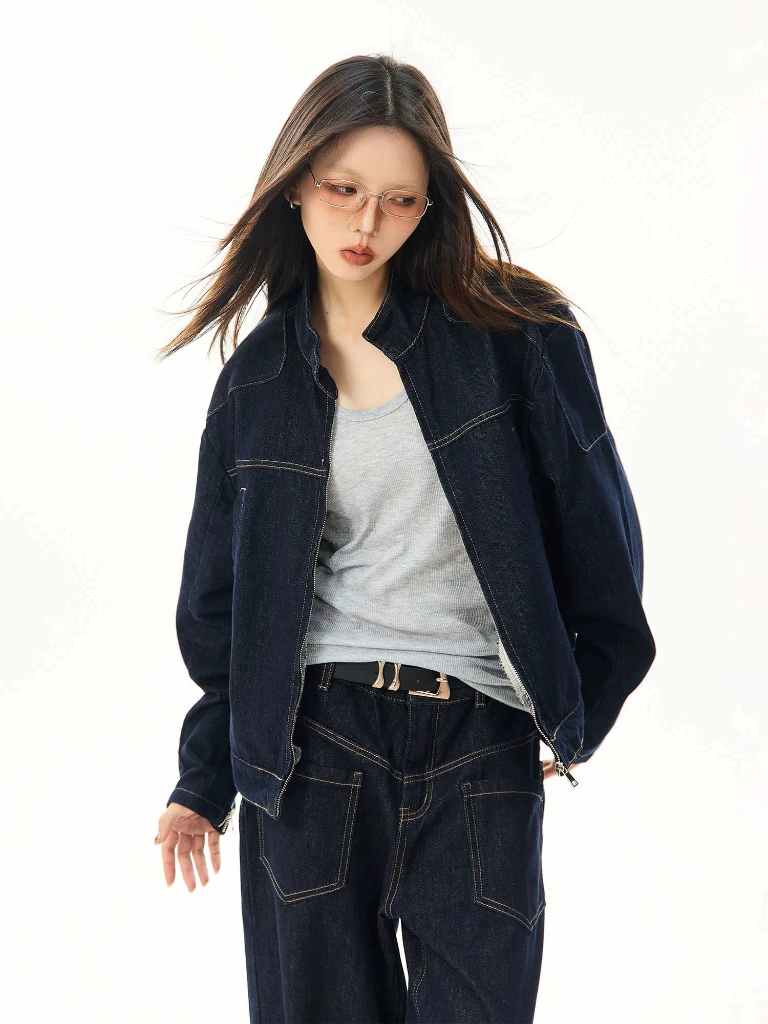 Oversized Contrast Stitch Denim Zip Jacket 9 Oversized Contrast Stitch Denim Zip Jacket - Image 9