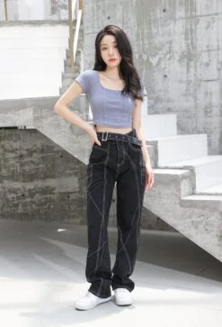 Baggy Belted Jeans With Contrast Detailed Stitching -Modern Wear Shop A80I5889