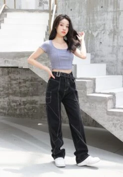 Baggy Belted Jeans With Contrast Detailed Stitching -Modern Wear Shop A80I5890