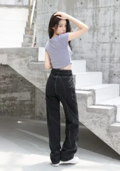 Baggy Belted Jeans With Contrast Detailed Stitching -Modern Wear Shop A80I5898