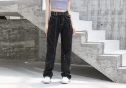 Baggy Belted Jeans With Contrast Detailed Stitching -Modern Wear Shop A80I5903