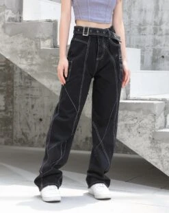 Baggy Belted Jeans With Contrast Detailed Stitching