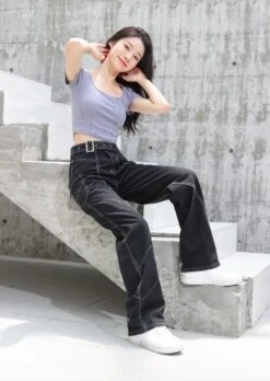 Baggy Belted Jeans With Contrast Detailed Stitching -Modern Wear Shop A80I5922