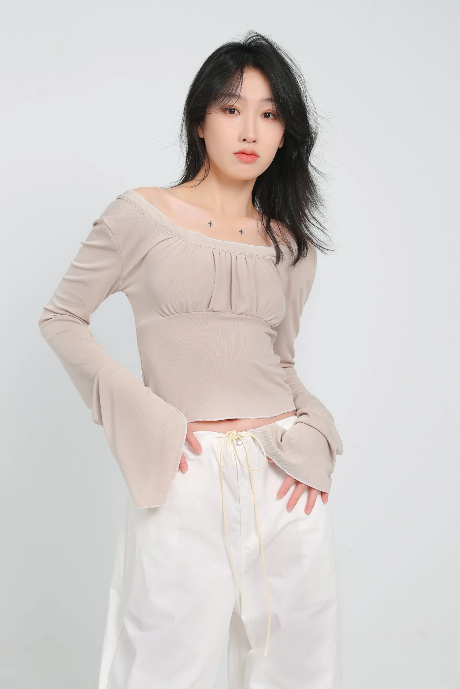 Ruched Flare Long Sleeve Crop Top 2 Ruched Flare Long Sleeve Crop Top - Image 2