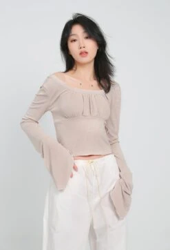Ruched Flare Long Sleeve Crop Top