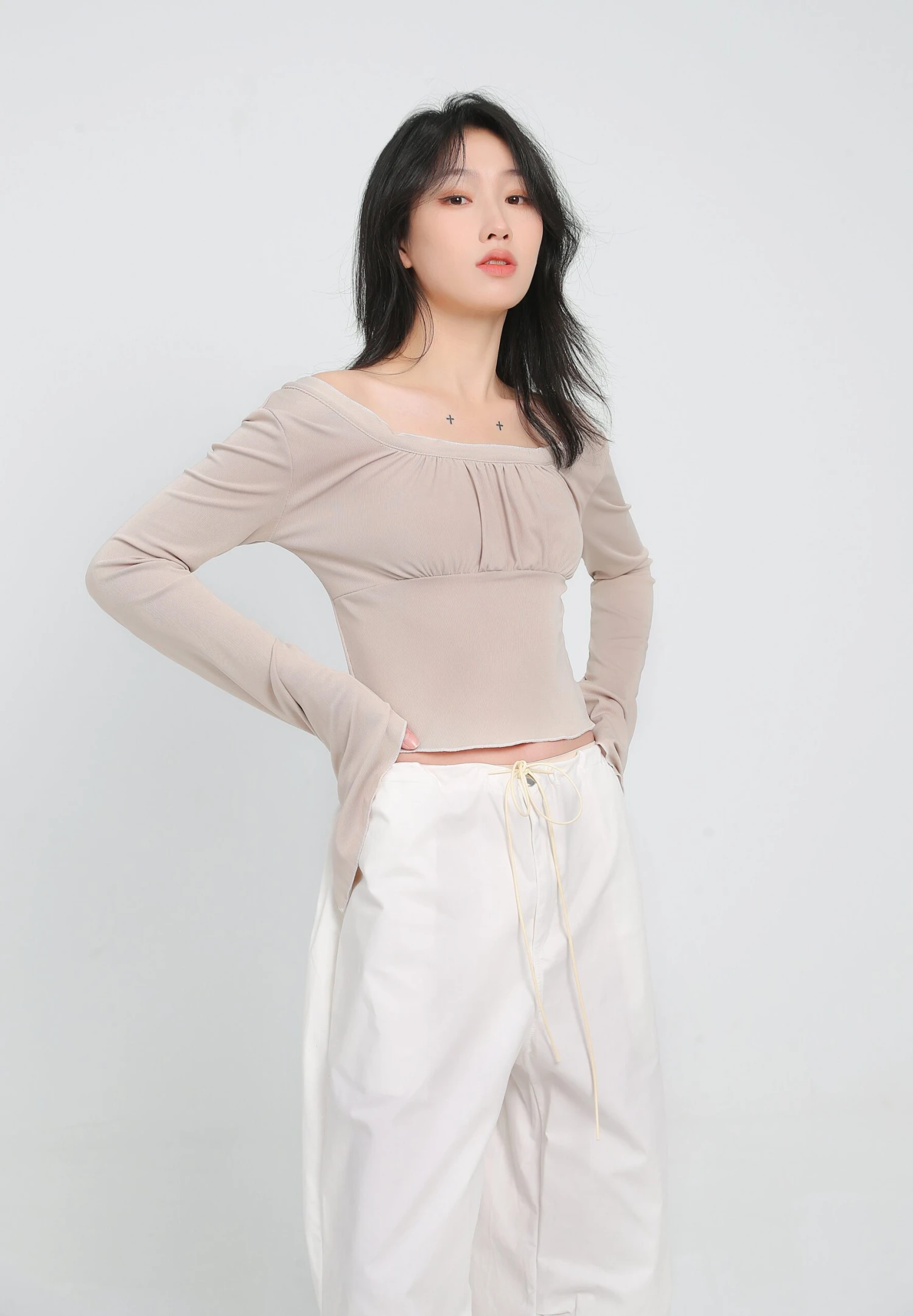 Ruched Flare Long Sleeve Crop Top 3 Ruched Flare Long Sleeve Crop Top - Image 3