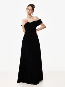 Off-Shoulder Velvet Sparkle Evening Dress With Sequin Detail -Modern Wear Shop Black Velvet Sequin Dress 2773