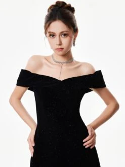 Off-Shoulder Velvet Sparkle Evening Dress With Sequin Detail -Modern Wear Shop Black Velvet Sequin Dress 2778