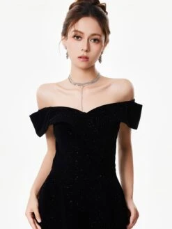Off-Shoulder Velvet Sparkle Evening Dress With Sequin Detail -Modern Wear Shop Black Velvet Sequin Dress 2784