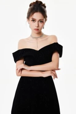 Off-Shoulder Velvet Sparkle Evening Dress With Sequin Detail -Modern Wear Shop Black Velvet Sequin Dress 2786