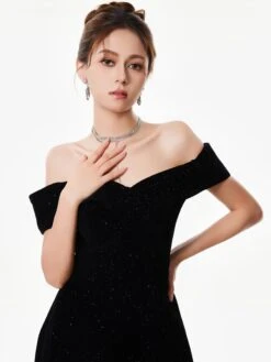 Off-Shoulder Velvet Sparkle Evening Dress With Sequin Detail -Modern Wear Shop Black Velvet Sequin Dress 2787