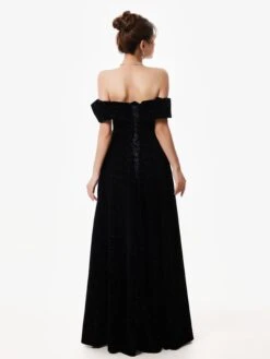 Off-Shoulder Velvet Sparkle Evening Dress With Sequin Detail -Modern Wear Shop Black Velvet Sequin Dress 2793