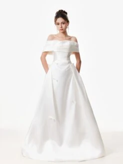 Off Shoulder Satin Gown With Draped Bodice And Bow Accents -Modern Wear Shop Bow Wedding Dress White 2483