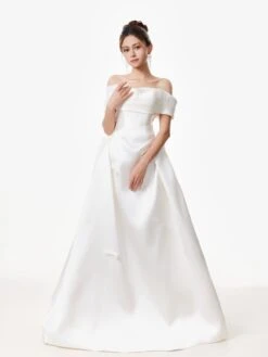 Off Shoulder Satin Gown With Draped Bodice And Bow Accents -Modern Wear Shop Bow Wedding Dress White 2501