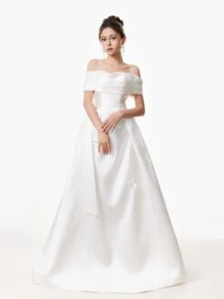 Off Shoulder Satin Gown With Draped Bodice And Bow Accents -Modern Wear Shop Bow Wedding Dress White 2507