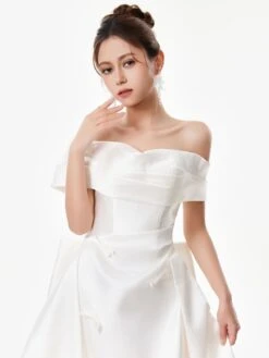 Off Shoulder Satin Gown With Draped Bodice And Bow Accents -Modern Wear Shop Bow Wedding Dress White 2589