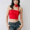 One-Shoulder Ruffled Crop Top With Rose Neck Detail