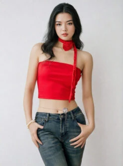 One-Shoulder Ruffled Crop Top With Rose Neck Detail