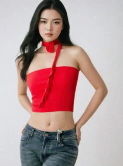 One-Shoulder Ruffled Crop Top With Rose Neck Detail -Modern Wear Shop IooCf1corqoSlZ n