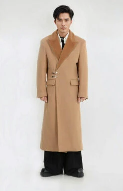 Oversized Velvet-Lapel Long Coat With Metal Buckles