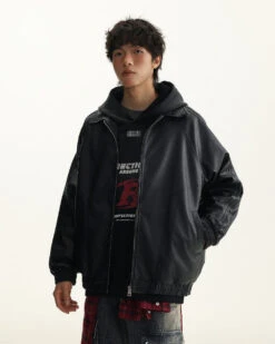 Faux Leather Zip Jacket With Stipe Sleeve Details