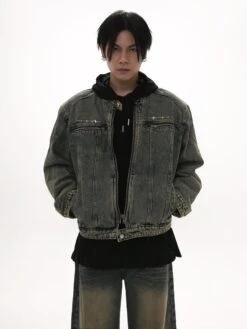 Oversized Wide-Fit Denim Racer Jacket With Zippered Pockets