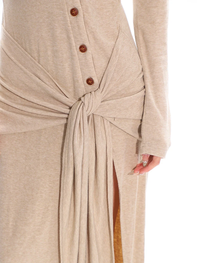 Button Up Long Sleeve Knotted Maxi Dress With Slit 13 Button Up Long Sleeve Knotted Maxi Dress With Slit - Image 13