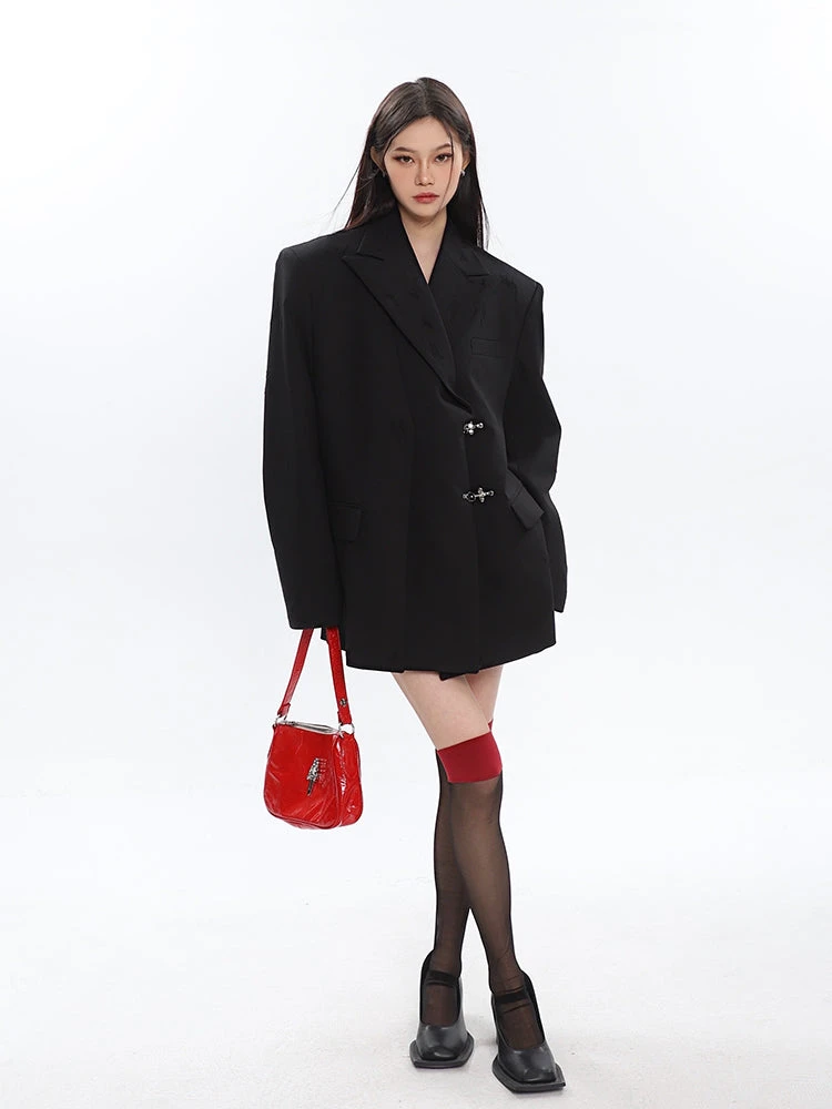 Oversized Notch Lapel Double-Breasted Blazer With Silver Accents 8 Oversized Notch Lapel Double-Breasted Blazer With Silver Accents - Image 8