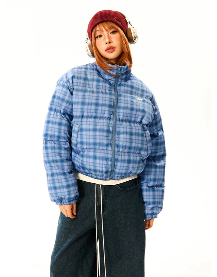 Plaid Quilted High Collar Mid Crop Puffer Jacket 2 Plaid Quilted High Collar Mid Crop Puffer Jacket - Image 2