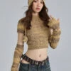 Textured Knit Cropped Sweater Top With Arm Warmer Sleeves
