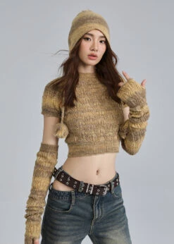 Textured Knit Cropped Sweater Top With Arm Warmer Sleeves