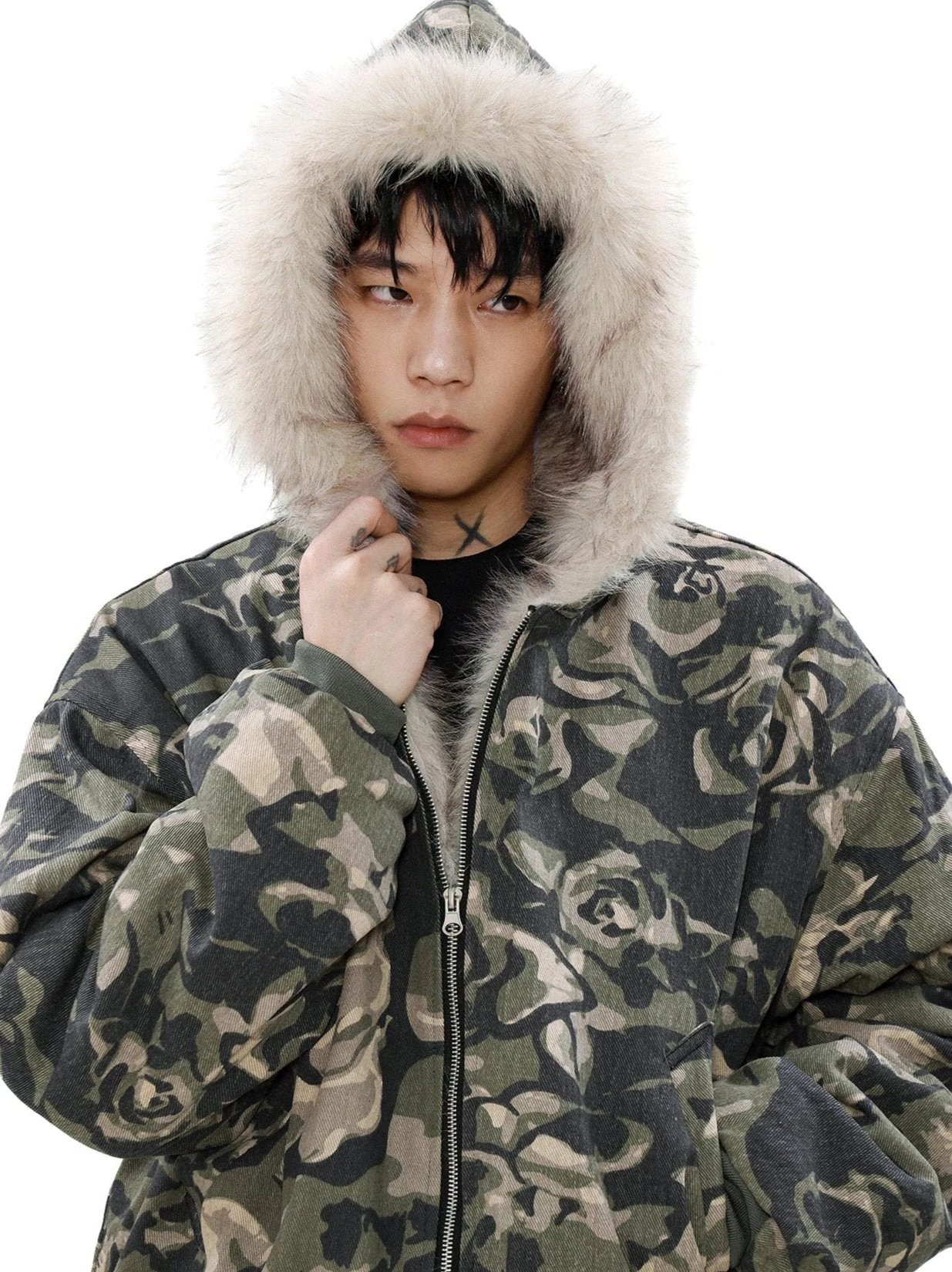 Faux Fur Line Camo Hooded Bomber Jacket 6 Faux Fur Line Camo Hooded Bomber Jacket - Image 6