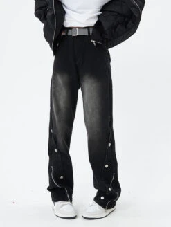 Diagonal Button And Zip Faded Jeans