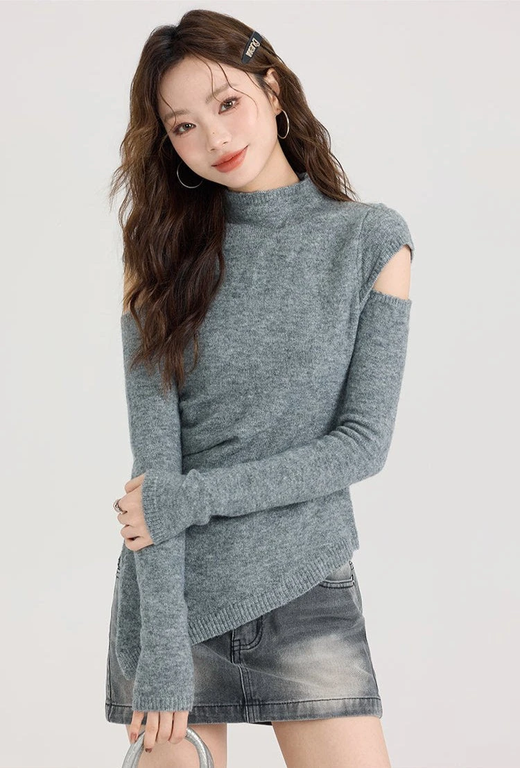 Mock Neck Ribbed Hem Asymmetric Cold Shoulder Top 1 Mock Neck Ribbed Hem Asymmetric Cold Shoulder Top