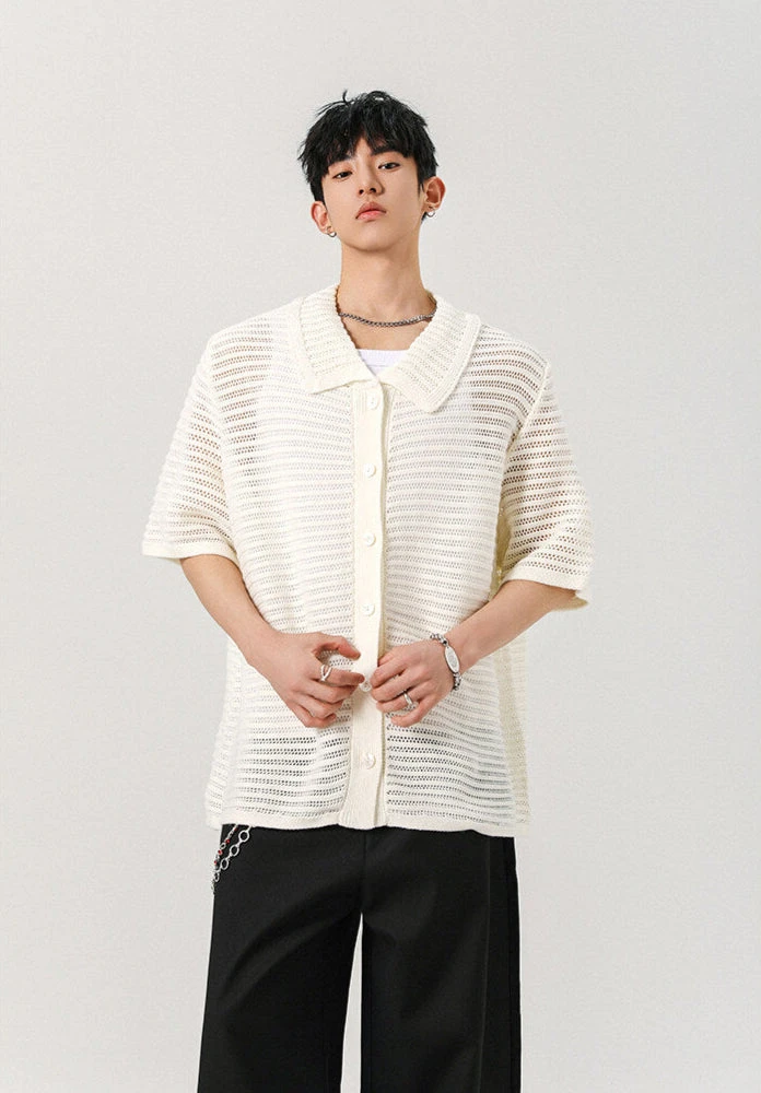 Sheer Open Knit Button-Up Short Sleeve Shirt 3 Sheer Open Knit Button-Up Short Sleeve Shirt - Image 3