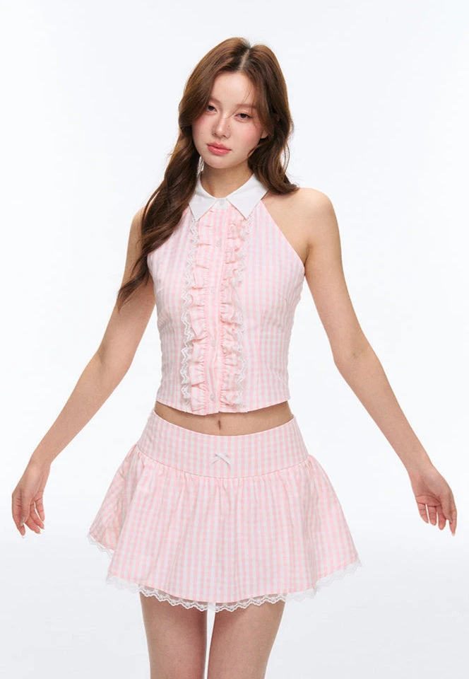 Stripe Ruffle Sleeveless Crop Top And Lace Trim Mini Skirt Two-Piece Set 1 Stripe Ruffle Sleeveless Crop Top And Lace Trim Mini Skirt Two-Piece Set