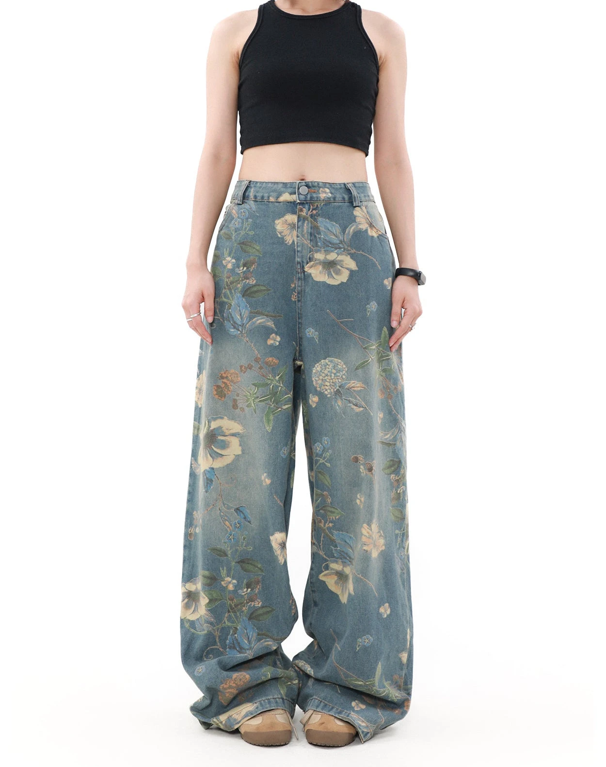 Wide Leg Floral Print Denim Pants 2 Wide Leg Floral Print Denim Pants - Image 2