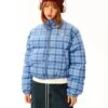 Plaid Quilted High Collar Mid Crop Puffer Jacket