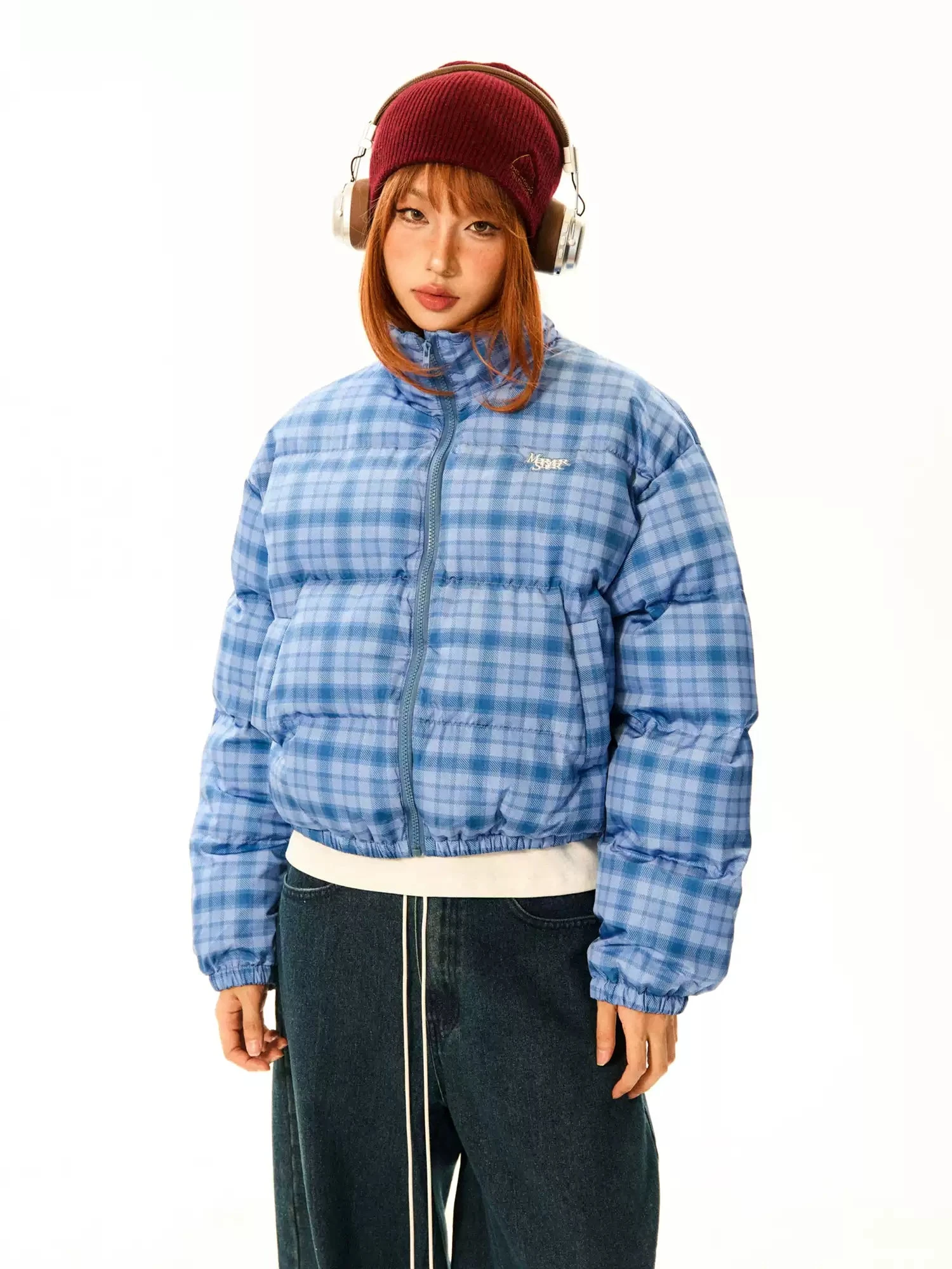 Plaid Quilted High Collar Mid Crop Puffer Jacket 1 Plaid Quilted High Collar Mid Crop Puffer Jacket