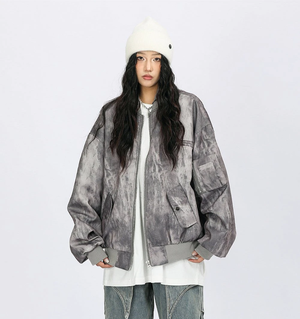 Oversized Acid Wash Bomber Jacket With Snap Button Pockets 9 Oversized Acid Wash Bomber Jacket With Snap Button Pockets - Image 9