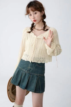 Open Knit Cropped Cardigan With Drawstrings -Modern Wear Shop O1CN014FBFWr1kHPgzrjOew 378884658